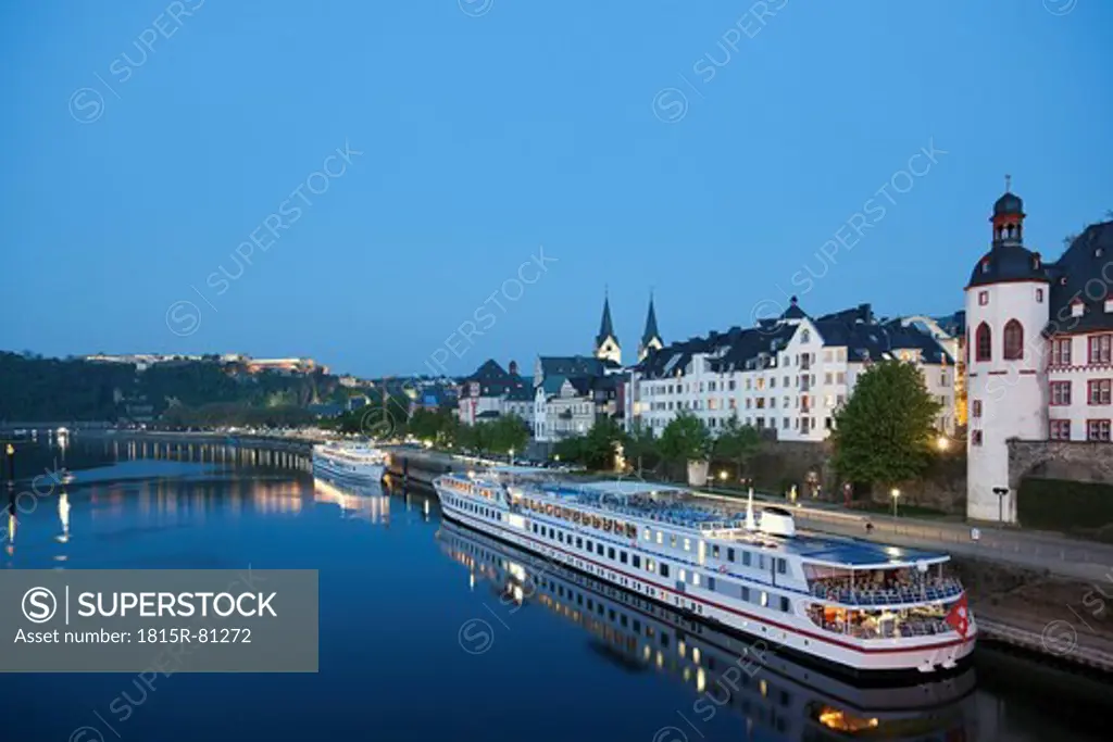 Koblenz , View of old town with churches and old castle, cruise ships river Moselle