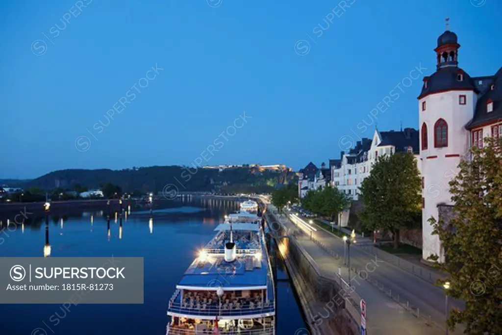 Koblenz , View of old town with churches and old castle, cruise ships river Moselle