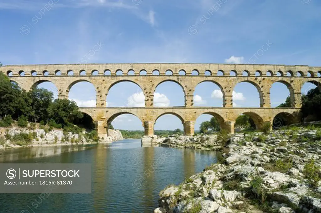 France, Remoulin, View of roman aqueduct bridge