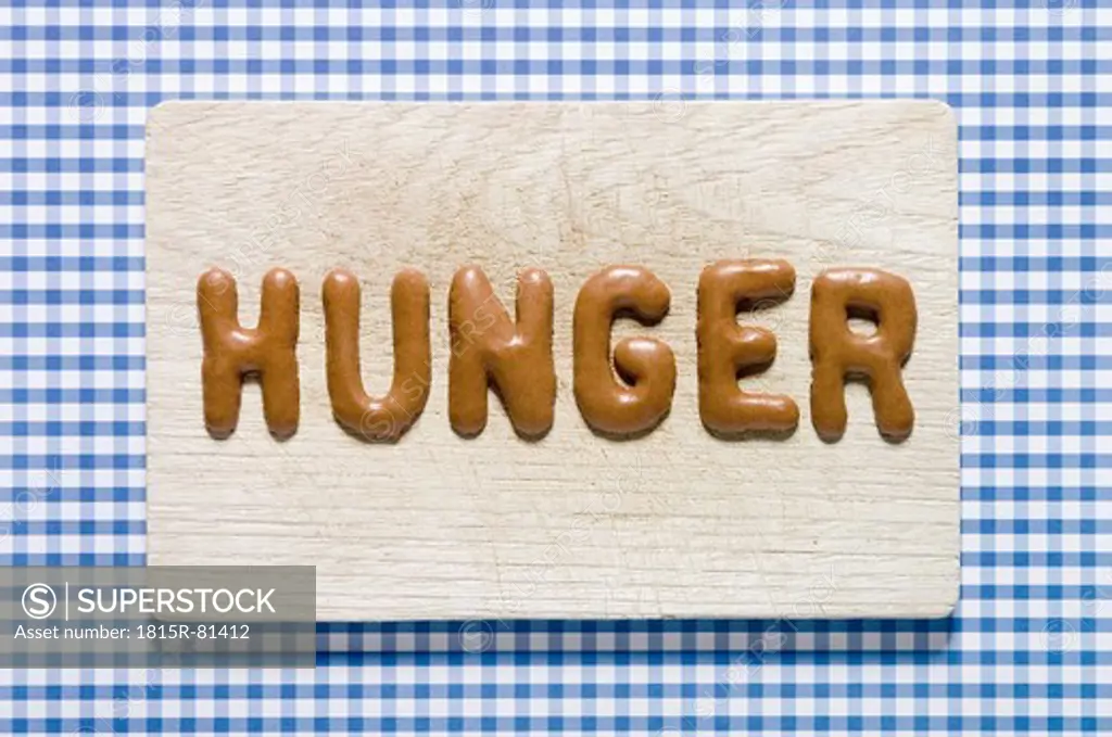 Word hunger written with russian bread on dish, close up