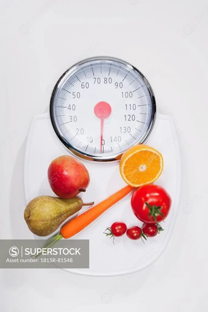 Scale with variety of fruits and vegetables
