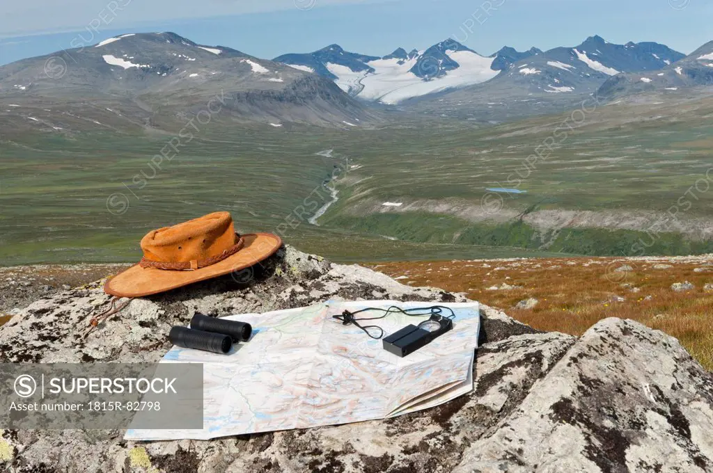 Sweden, Lapland, Sarek National Park, Hiker`s equipment on a rock