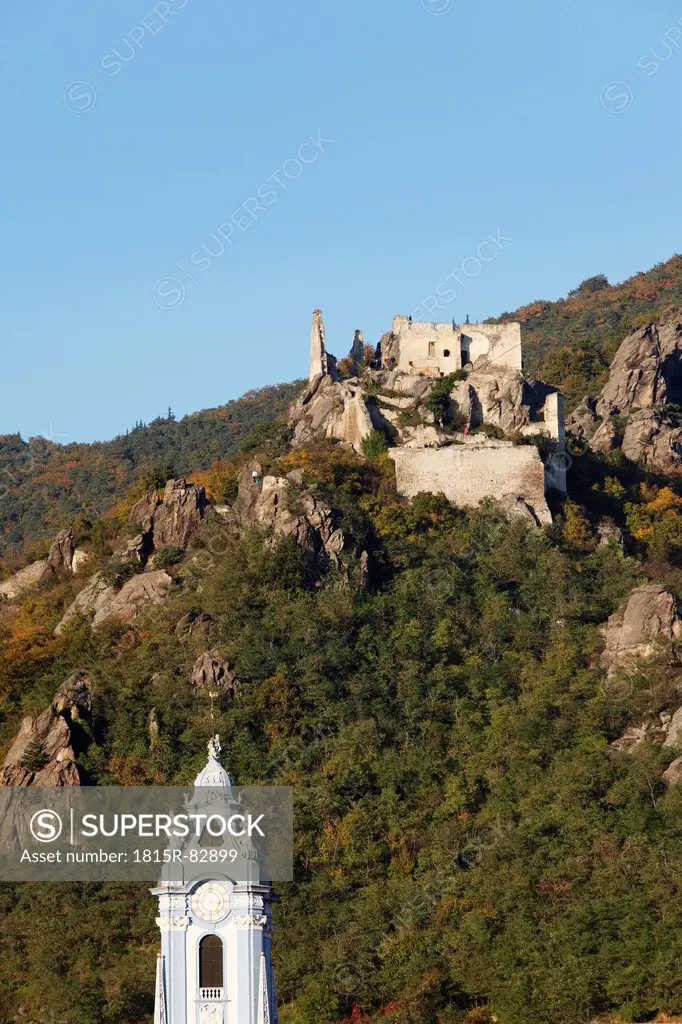 Austria, Lower Austria, Waldviertel, Wachau, Danube River, Collegiate church tower and Duernstein castle ruin