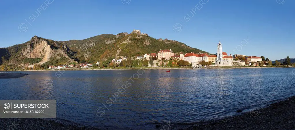 Austria, Lower Austria, Waldviertel, Wachau, Duernstein, View of Danube river with mountains in background