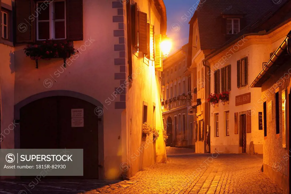 Austria, Lower Austria, Wachau, Duernstein, View of buildings and alley at night