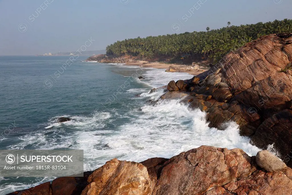 India, South India, Kerala, Malabar Coast, View of coast near kovalam, vizhinjam in background