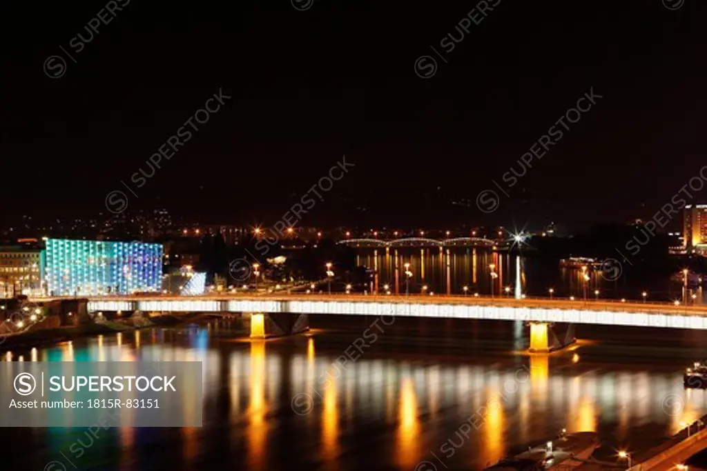 Austria, Upper Austria, Linz, View of Ars Electronica Center with Nibelungenbrücke at night