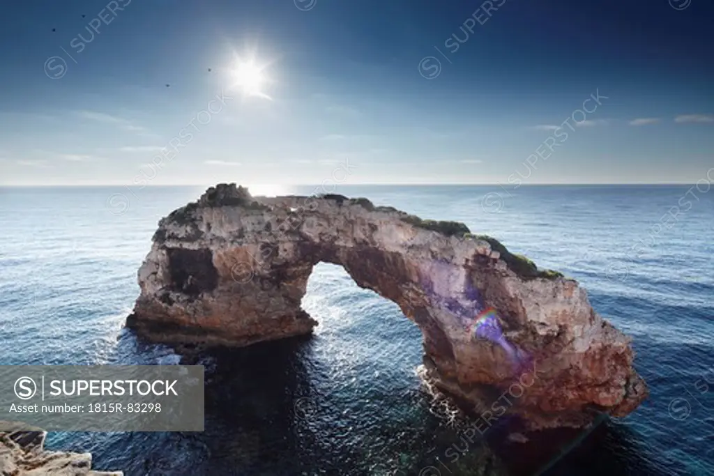 Spain, Balearic Islands, Majorca, Cala Santanyi, Es Pontas, View of natural arch in sea