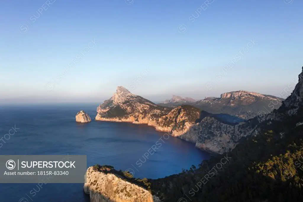 Spain, Balearic Islands, Majorca, Cap de Formentor, View of sea with rock formation