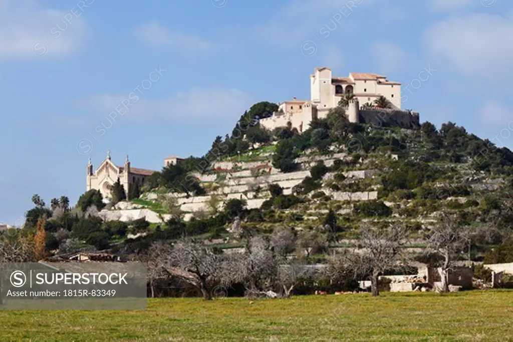 Spain, Balearic Islands, Majorca, Arta, View of tranfiguration church and sant salvador pilgrimage church