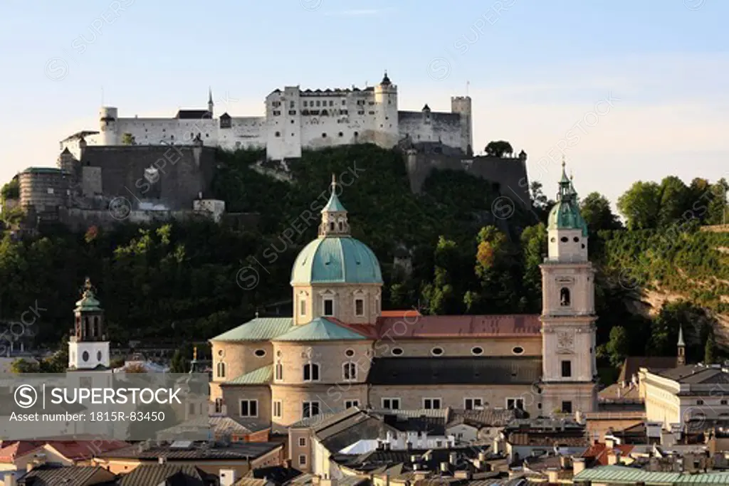 Austria, Salzburg, Österreich, View of hohensalzburg castle and cathedral