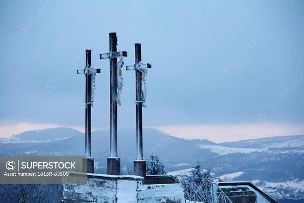 Germany, Bavaria, Lower Franconia, Rhoen, View of crosses on kreuzberg mountain