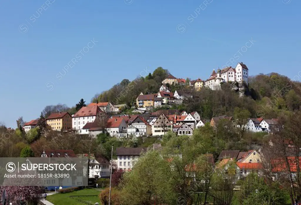 Germany, Bavaria, Franconia, Upper Franconia, Franconian Switzerland, Egloffstein, View of houses on hill