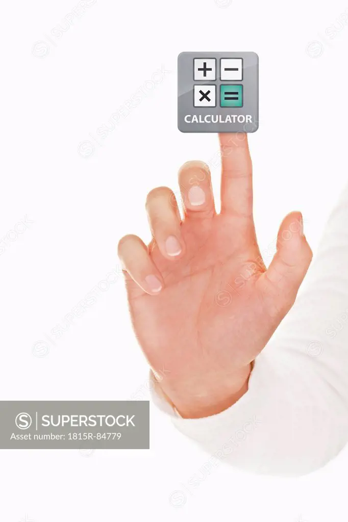 Human hand touching calculator icon