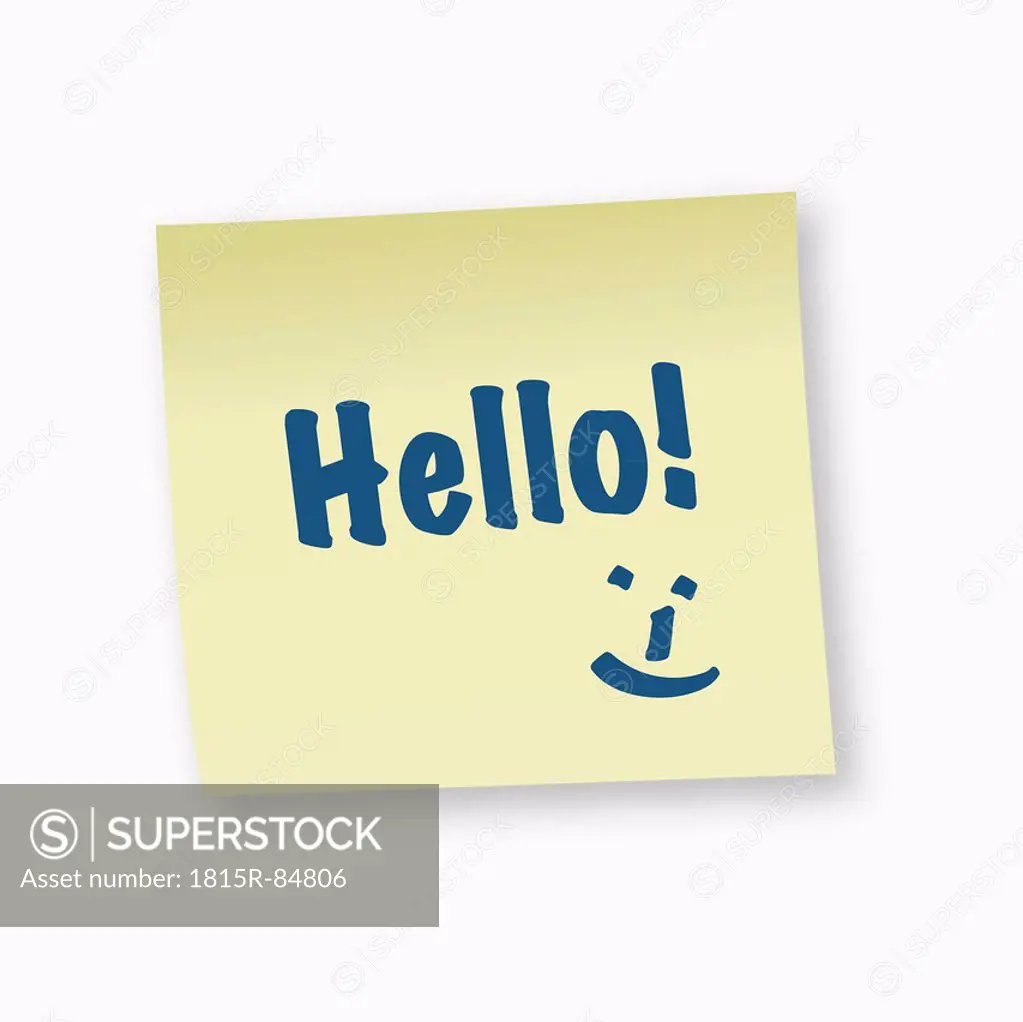 Hello sign with smiley face on adhesive note, close_up
