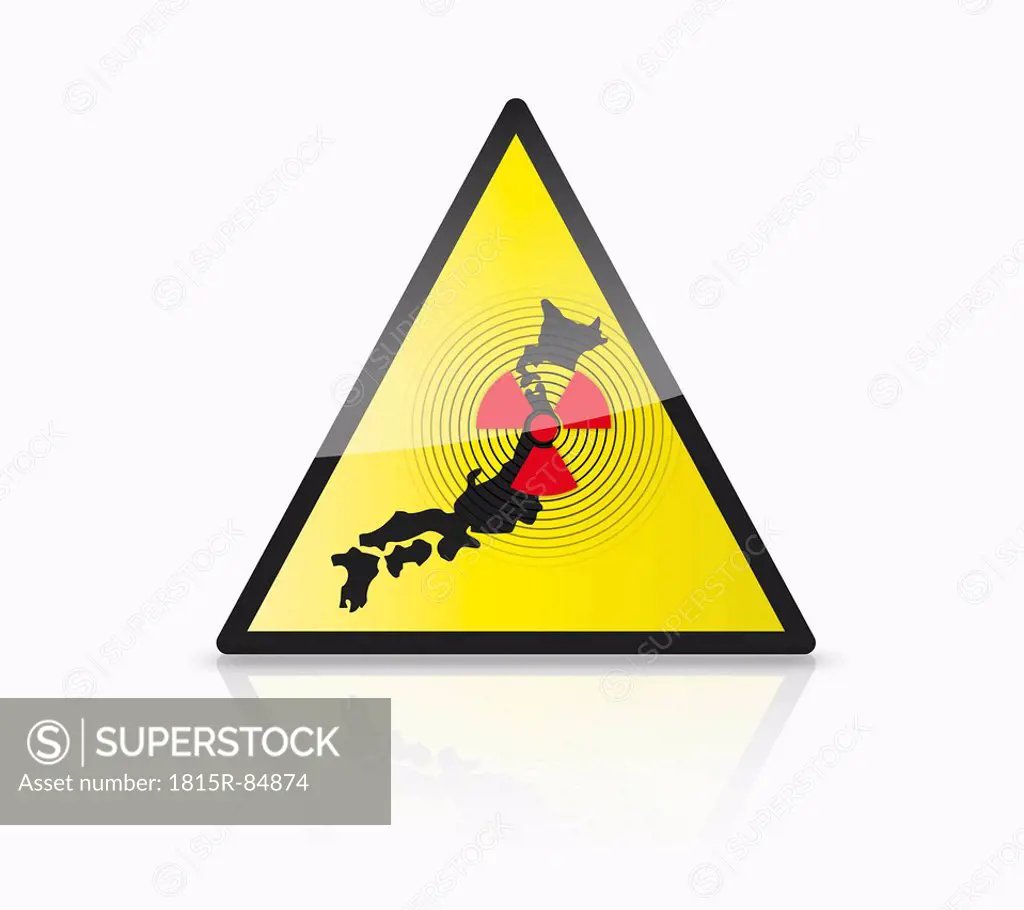 Close up of illustration of atom sign with japan map on triangle