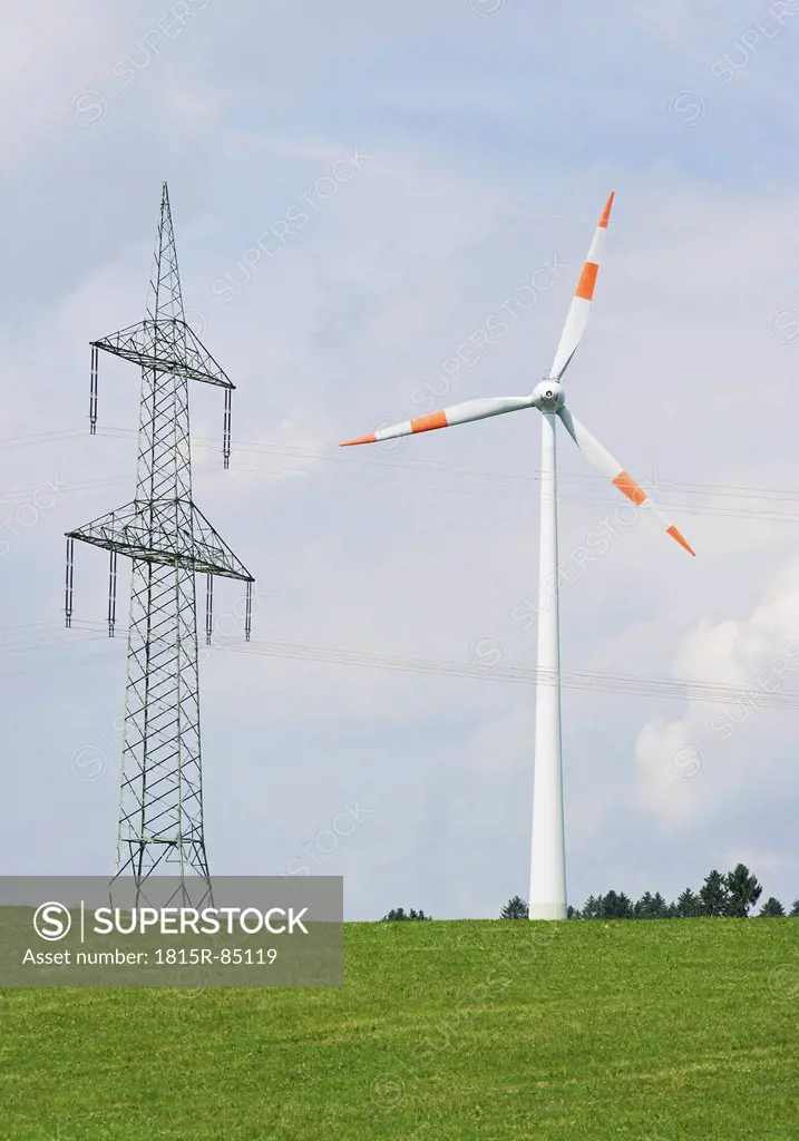 Germany, Bavaria, View of wind farm and power line