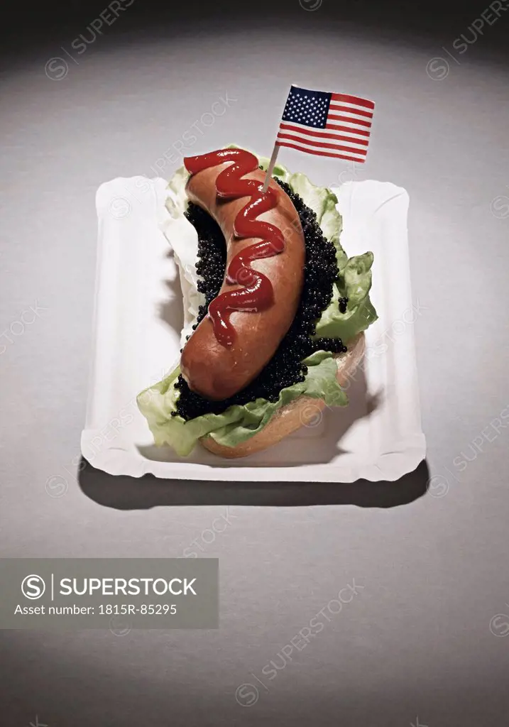 American flag on hot dog in plate, close up