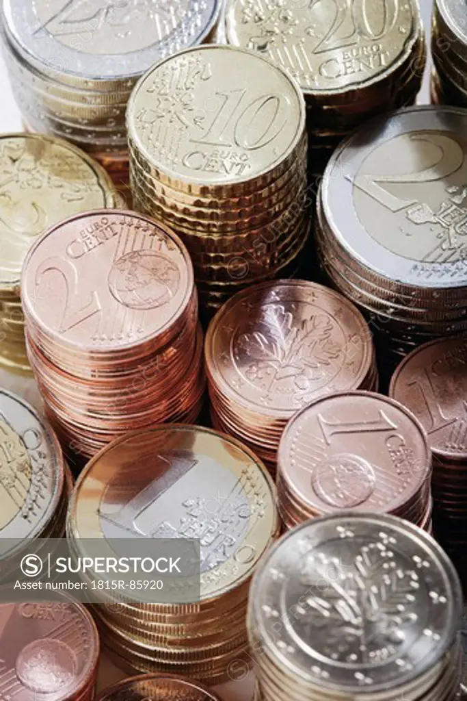 Stack of euro coins and cent, close up