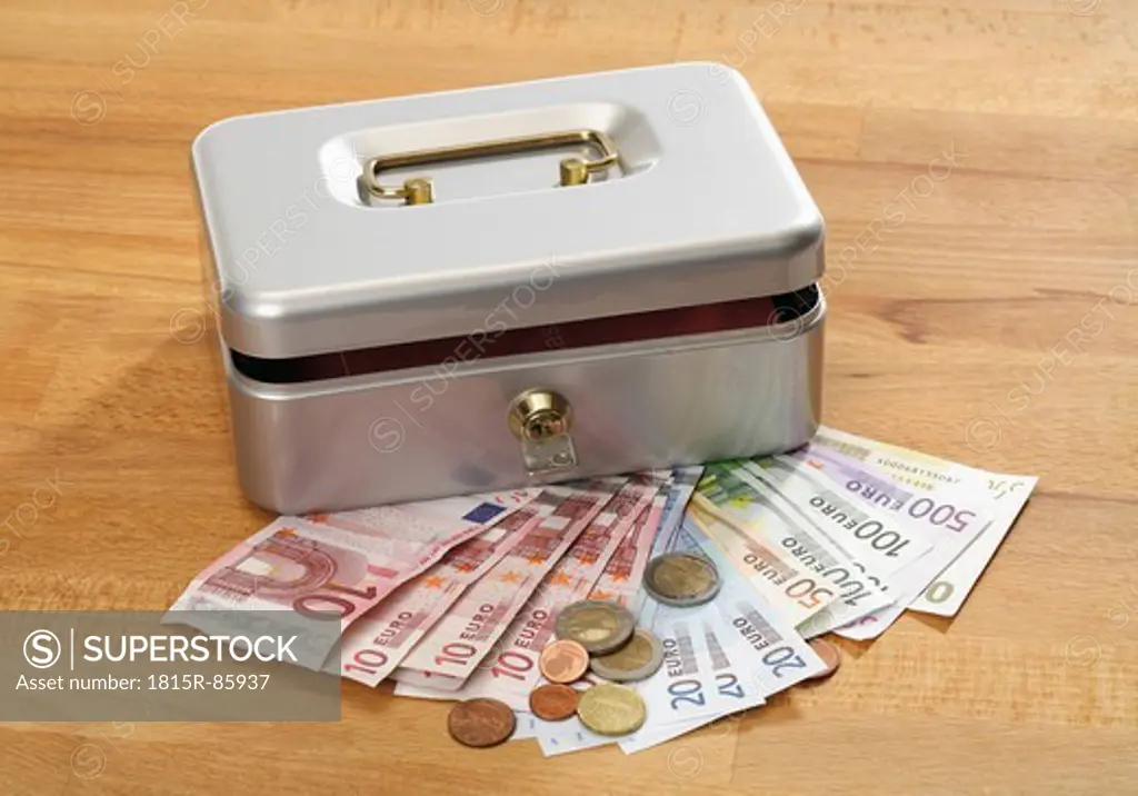 Cash box with euro notes and coins