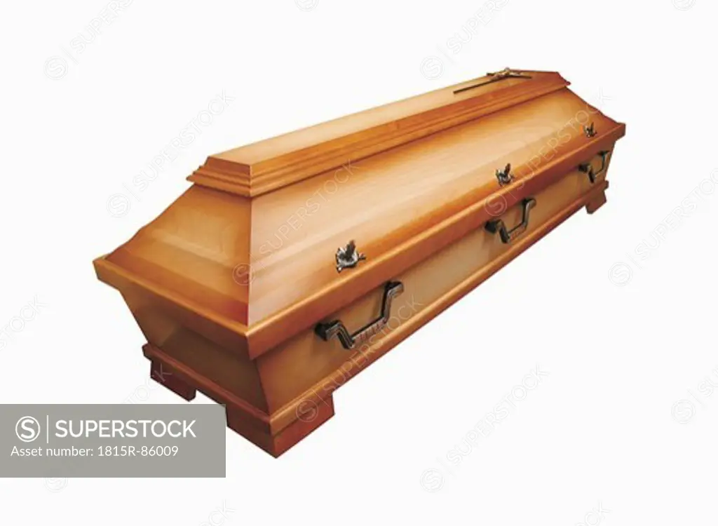 Wooden coffin on white background