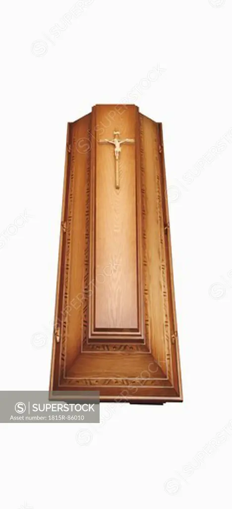 Wooden coffin on white background