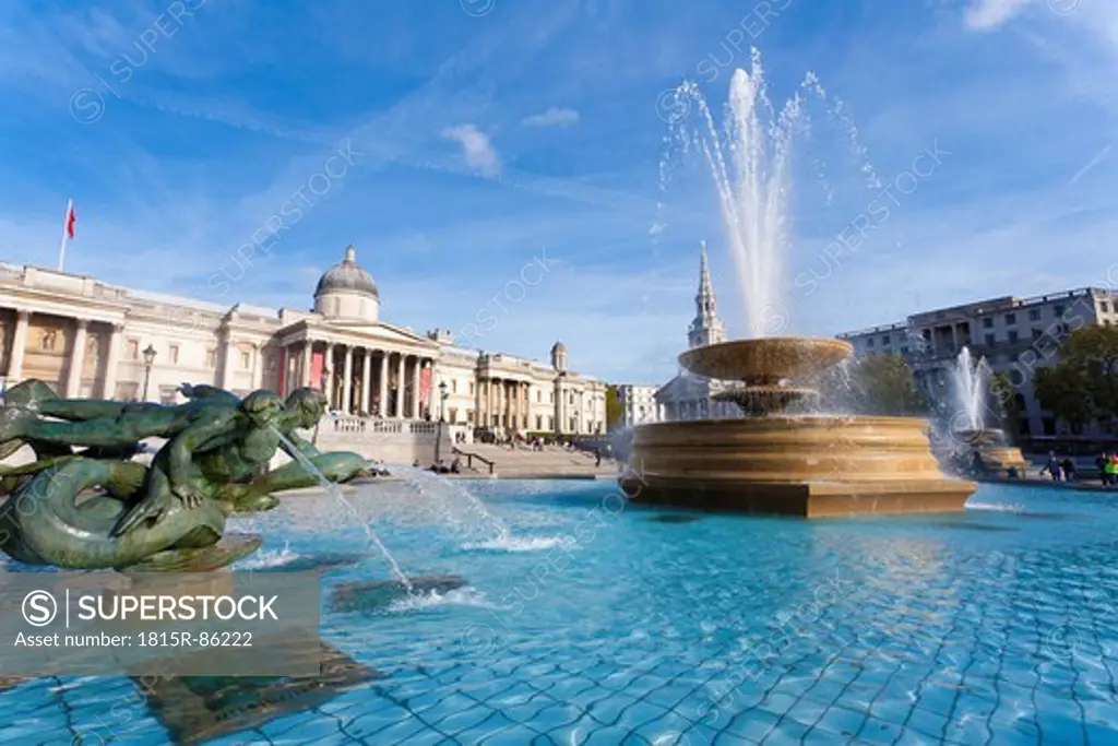 Great Britain, England, London, Trafalgar Square, VIew of fountain at national gallery museum