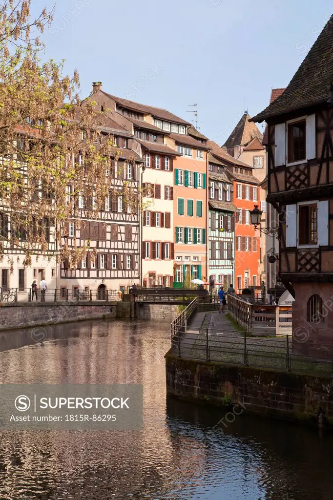 France, Alsace, Strasbourg, Petite_France, View of framed houses near L´ill river
