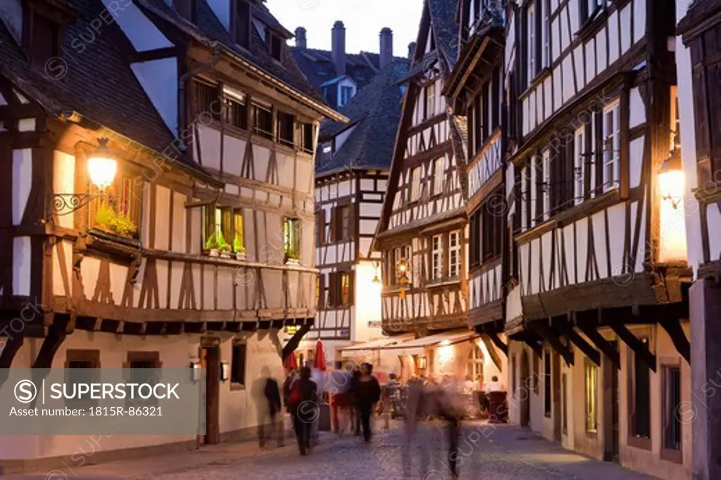 France, Alsace, Strasbourg, Petite_France, View of restaurants, taverns and framed houses