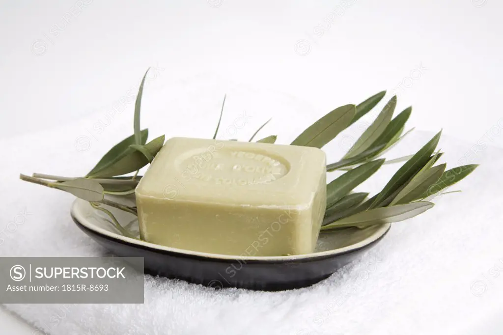 Olive soap on soap dish, close-up