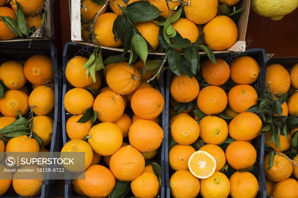Oranges in crates, market stall, elevated view