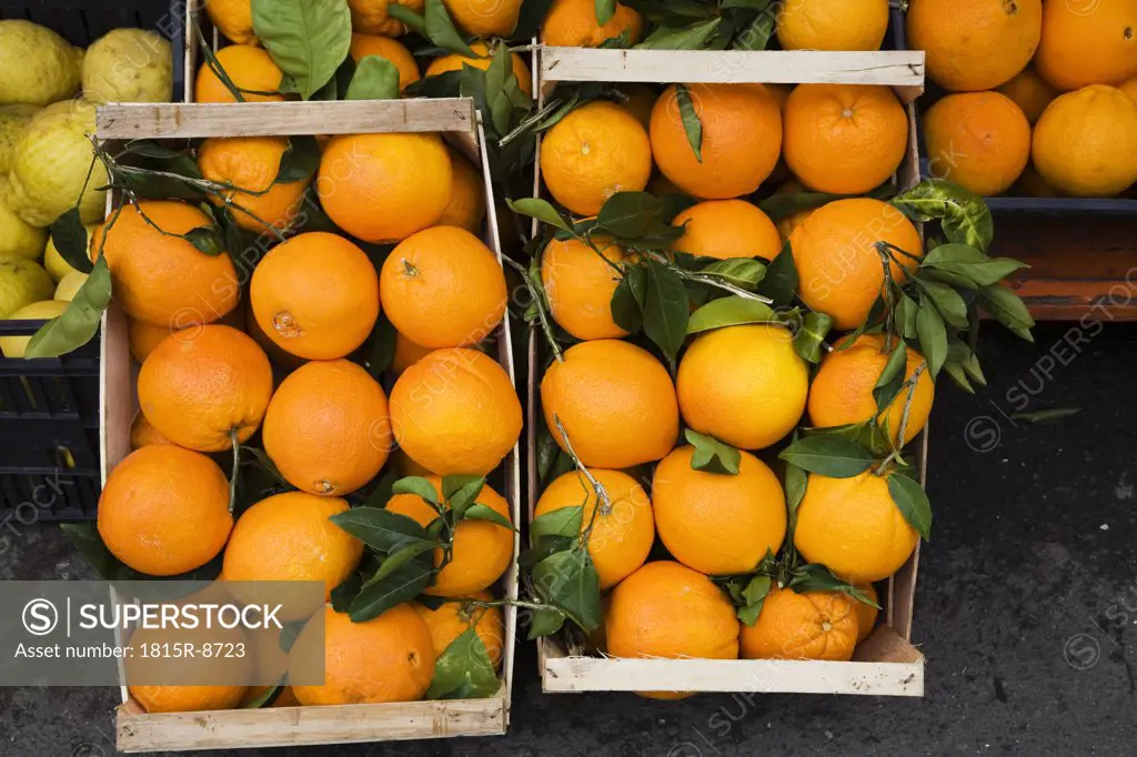 Oranges in crates, market stall, elevated view