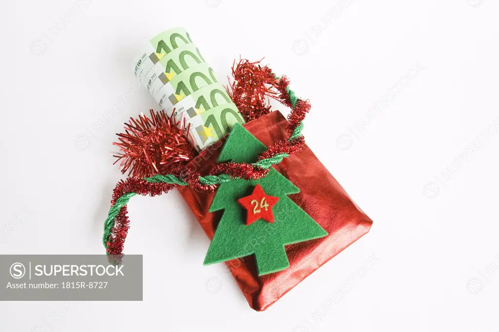Christmas gift, bank notes, close up