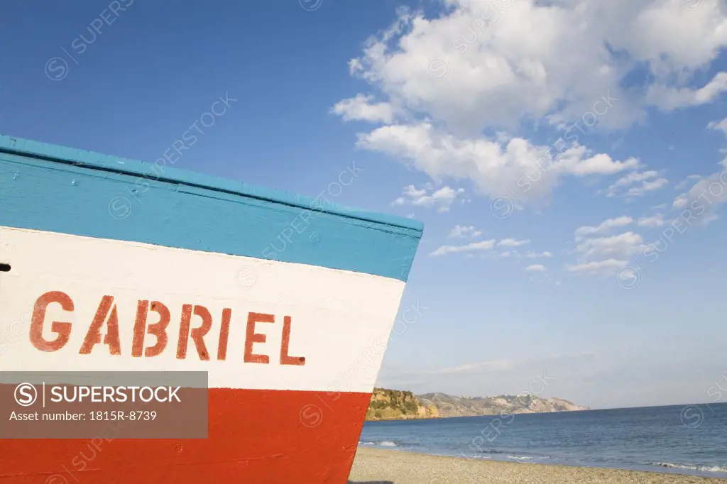 Spain, Andalusia, Fishing boat on beach, close-up