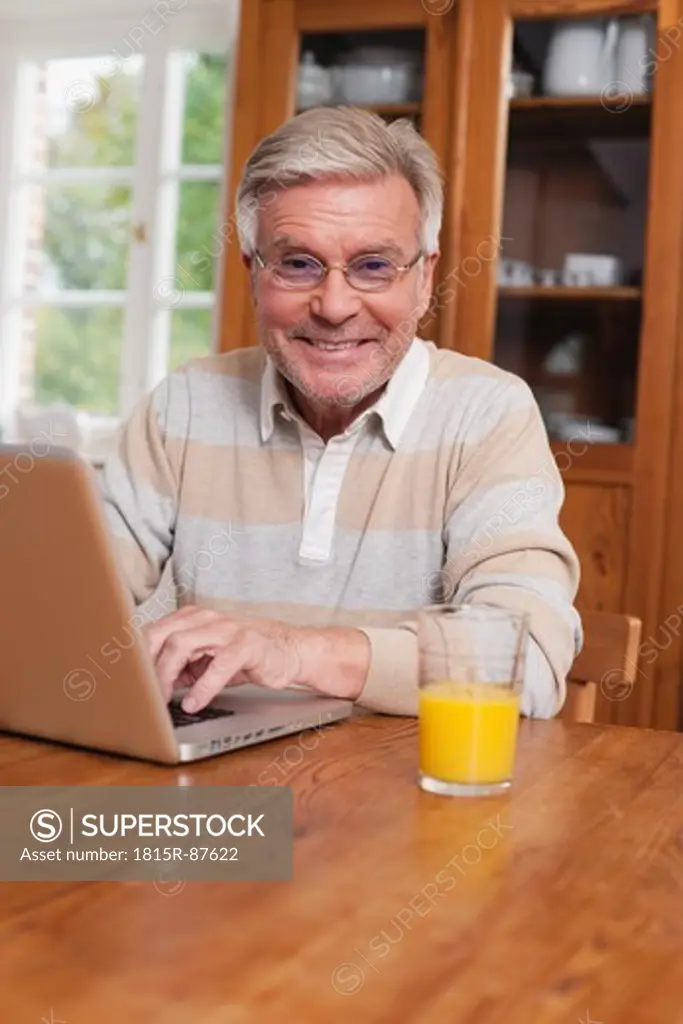 Germany, Kratzeburg, Senior man using laptop, smiling, portrait