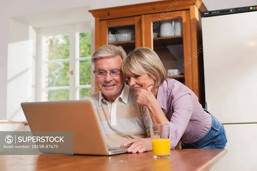 Germany, Kratzeburg, Senior couple using laptop, smiling