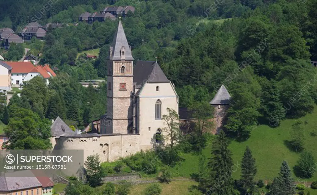 Austria, Styria, Eisenerz, View of wehranlage und kirche st.oswald
