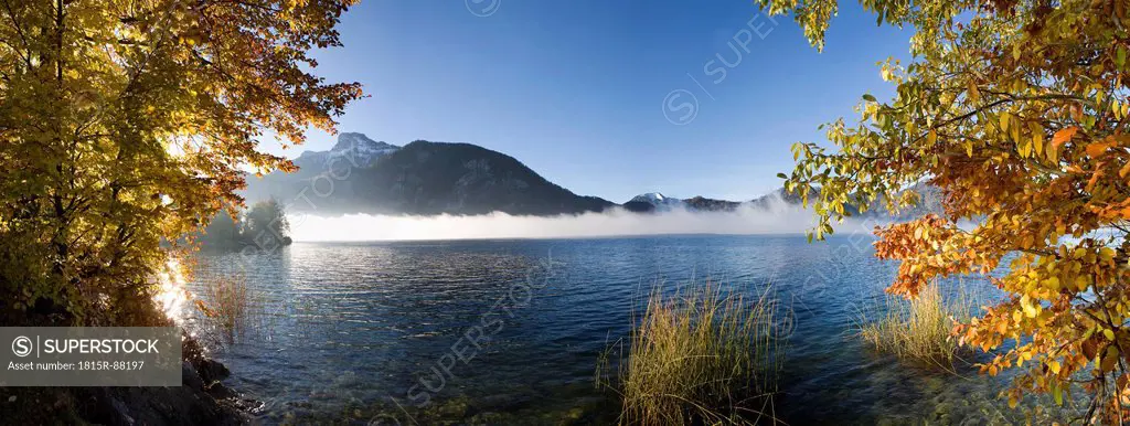 Austria, Salzkammergut, View of mondsee lake with schafberg mountains