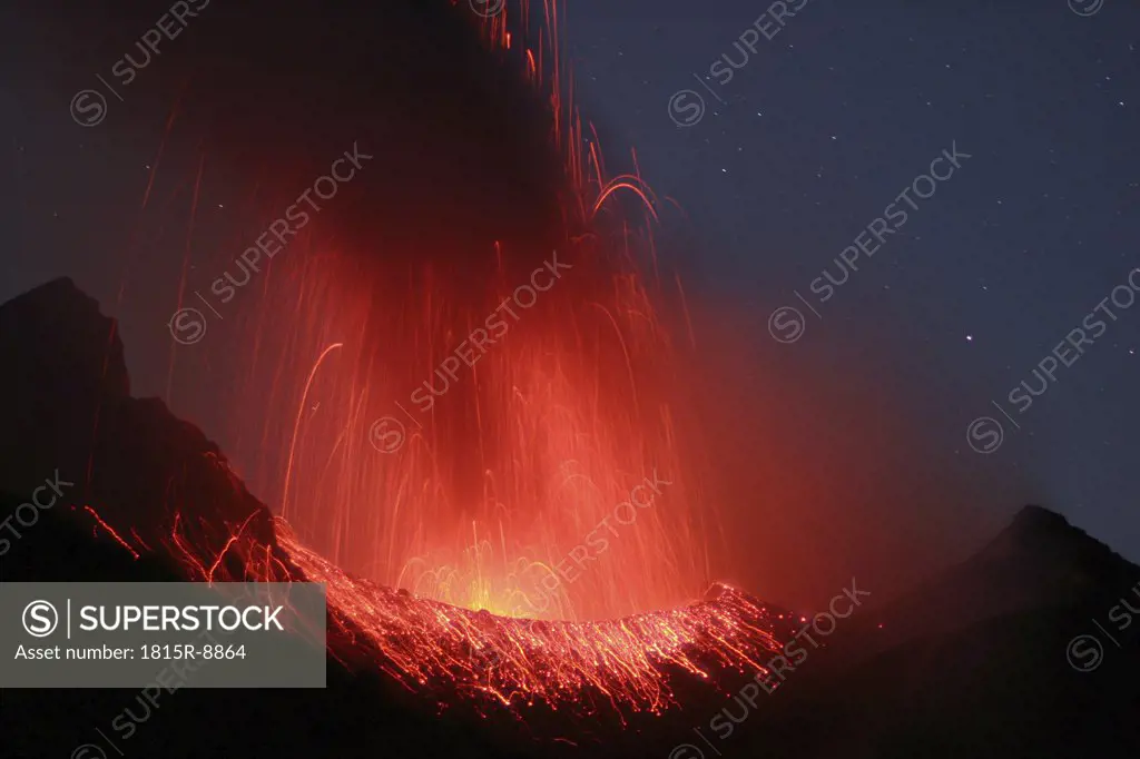 Stromboli in Italy erupting with moonshadow