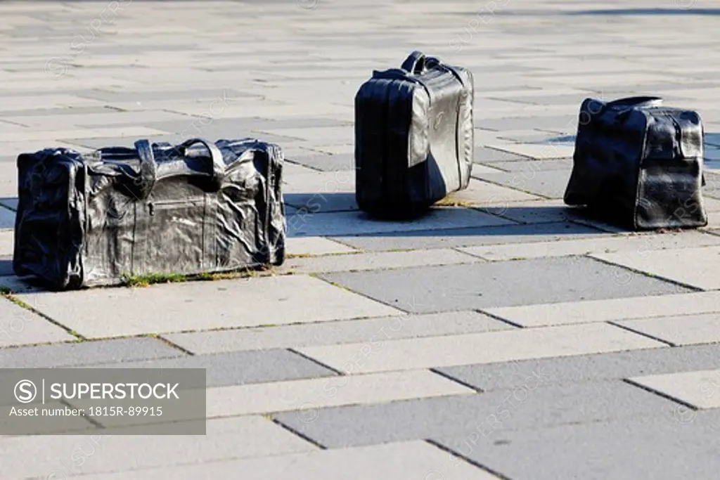 Europe, Germany, Hesse, Wiesbaden, View of sculpture of suitcases at main station