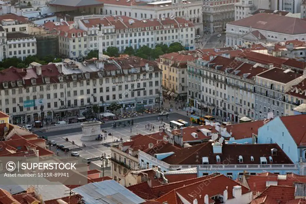 Europe, Portugal, Lisbon, Baixa, View of city with Equestrian statue of King Dom Joao I and Praca da Figueira square