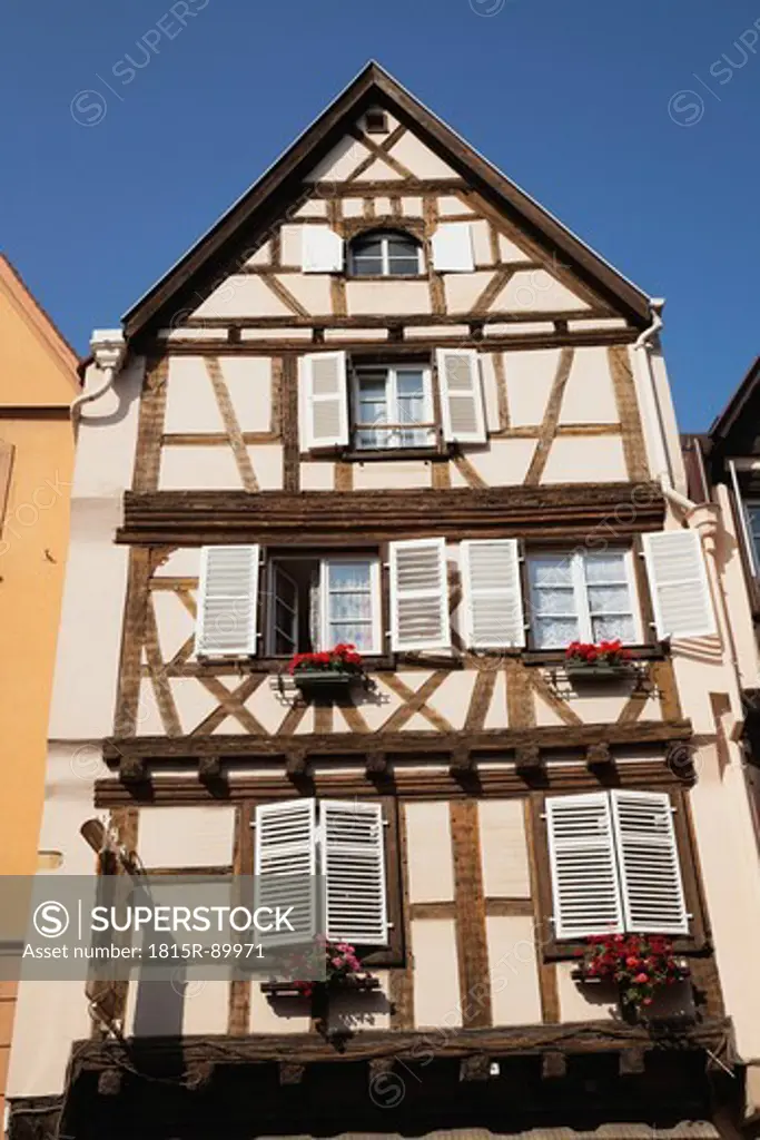France, Alsace, Colmar, Haut_Rhin, Alsatian Wine Route, View of half_timber gable house