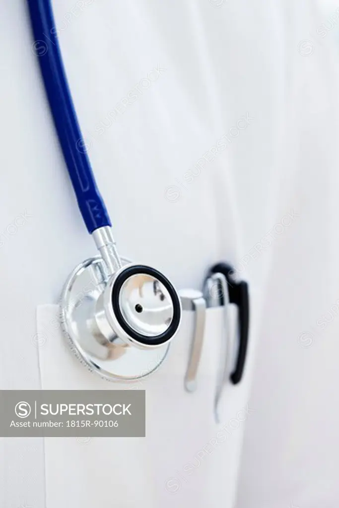 Germany, Bavaria, Diessen am Ammersee, Close up of stethoscope and pen in doctor´s lab coat