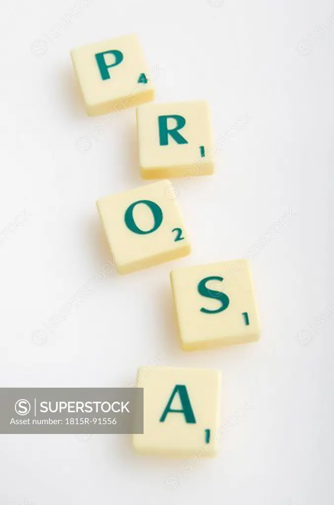Scrabble game with word Prosa on white background