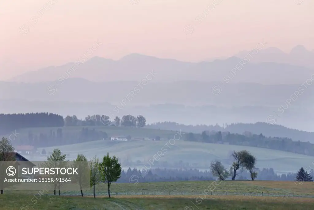 Germany, Bavaria, Swabia, Allgaeu, Oberallgäu, Buchenberg, View of morning at landscape