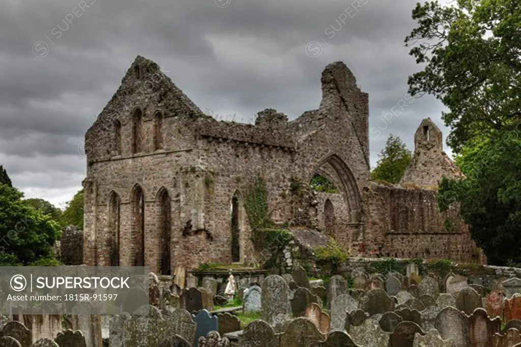 United Kingdom, Northern Ireland, County Down, View of ruined Grey Abbey with grave yard