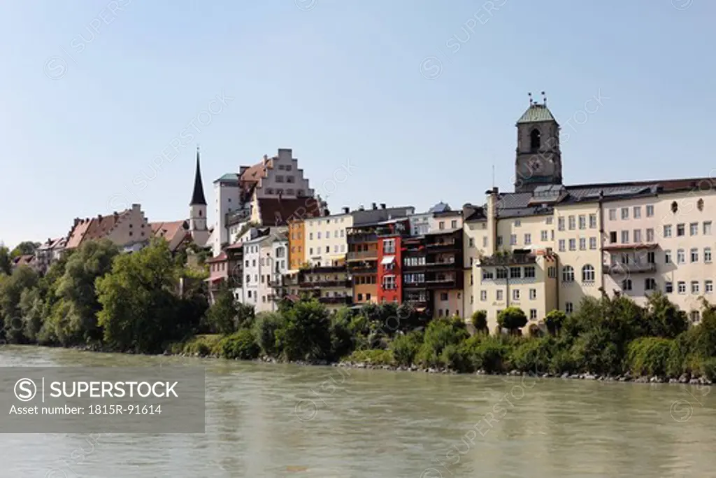 Germany, Bavaria, Upper Bavaria, Wasserburg am Inn, View of town with Inn river