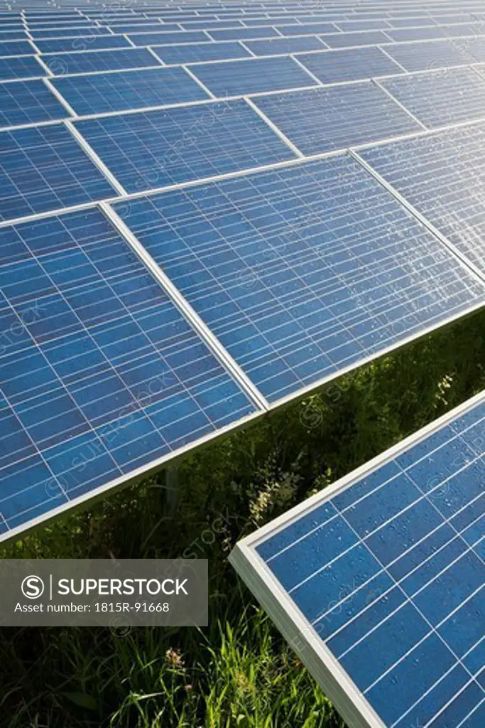 Germany, Baden_Wurttemberg, Winnenden, View of large number of solar panels at solar power plant field