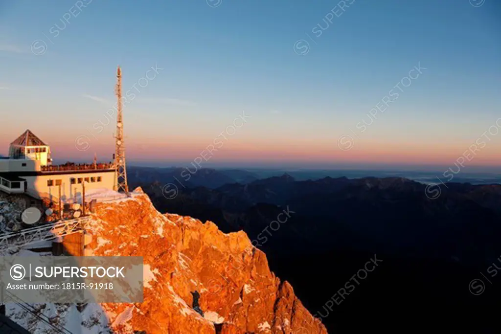 Europe, Austria, Germany, Bavaria, View of weather station and platform on Zugspitze and wetterstein mountain