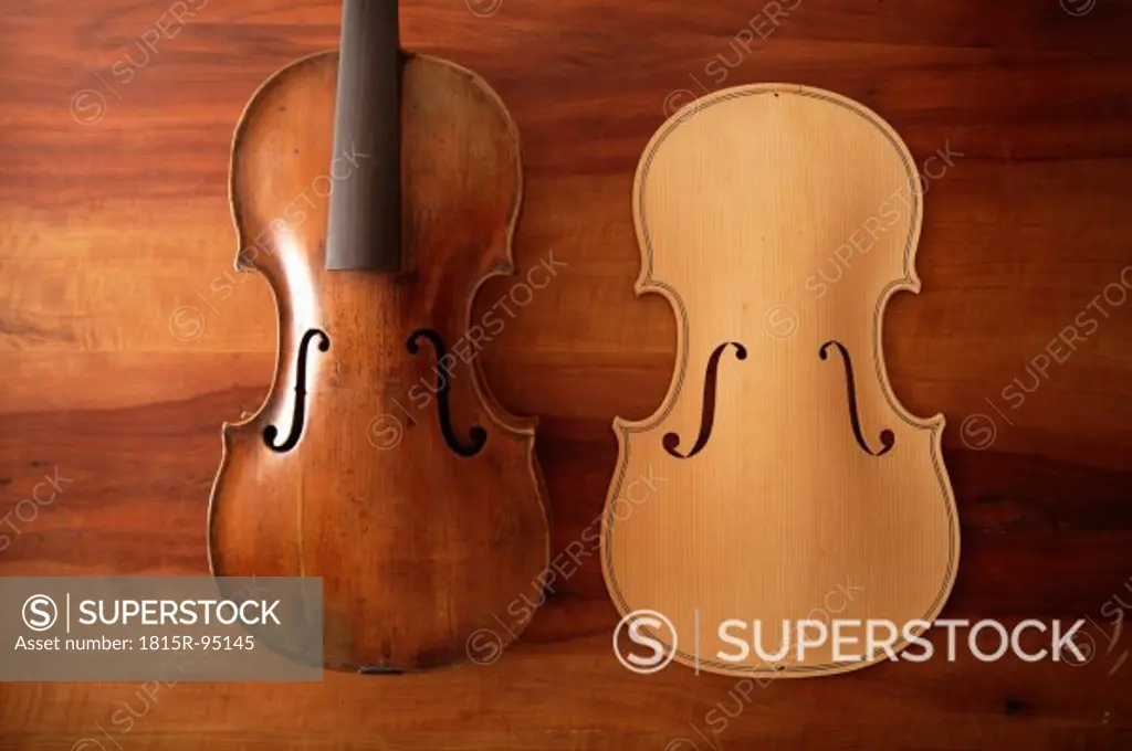 Germany, Upper Bavaria, Schaeftlarn, Shapes of violin on work bench